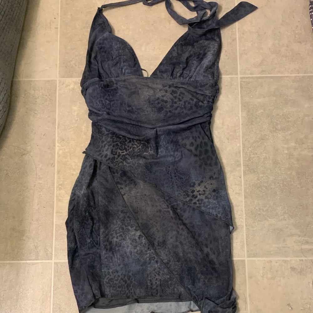 Bear Dance Blue Ruched Halter Mini Dress